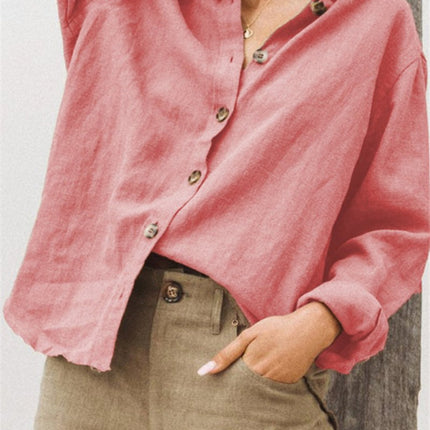 Womens Lapel Long Sleeve Cotton Linen Shirt