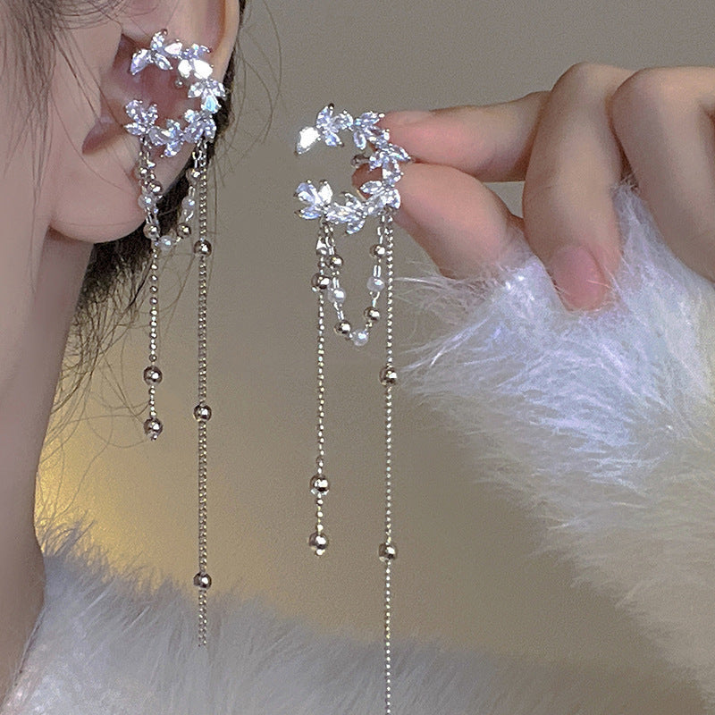 Zircon Star Moon Tassel Clip Earrings