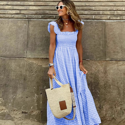 Summer Stylish Women's Patchwork Plaid Strap Elastic Flared Dress