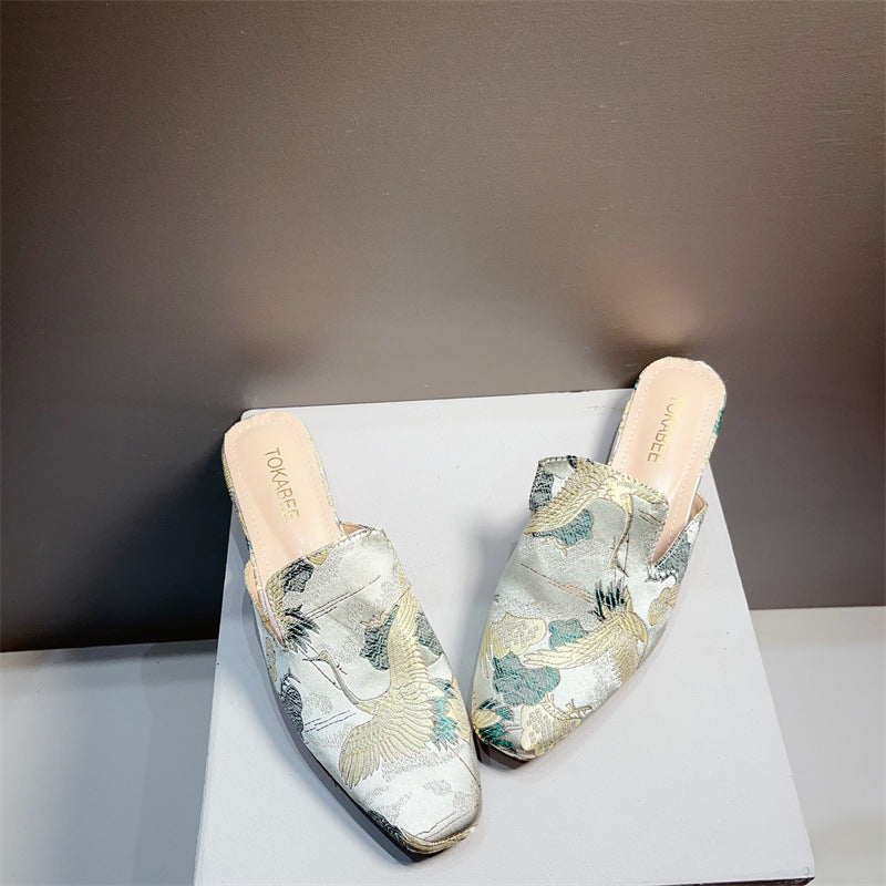 Embroidered Low Heeled Mules With A Square Toe Low Cut And Chunky Heeltimeless VersatileAnd Perfect For A Retro Look