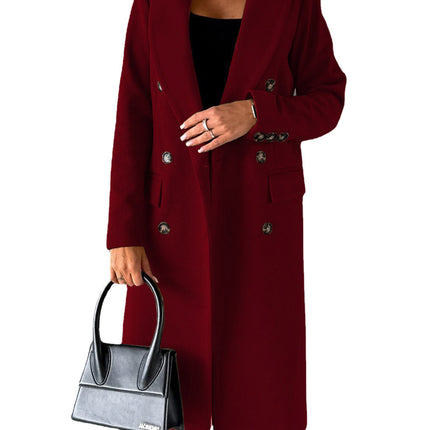 Womens Double-Breasted Wool Blend Coat with Pockets