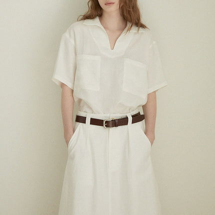 Linen V-Neck Loose Short Sleeve Womens Shirt