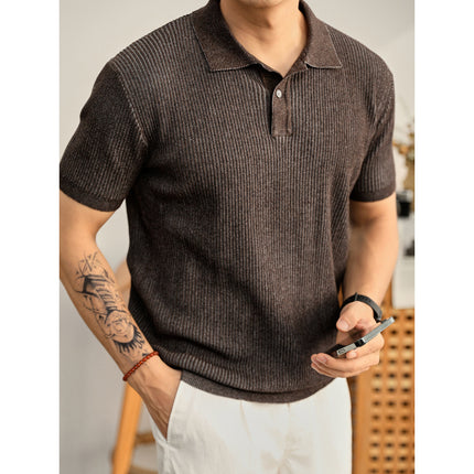 Summer Cooling Knitted Ribbed Texture Polo Shirt for Men with One Button Turn-down Collar