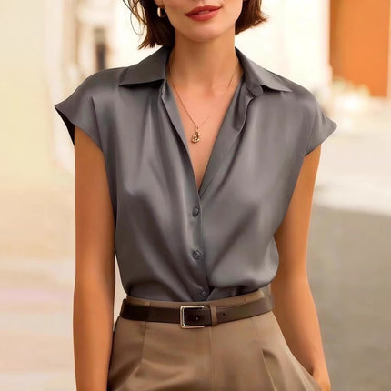 Women Satin Polo Collar Short Sleeve Blouse