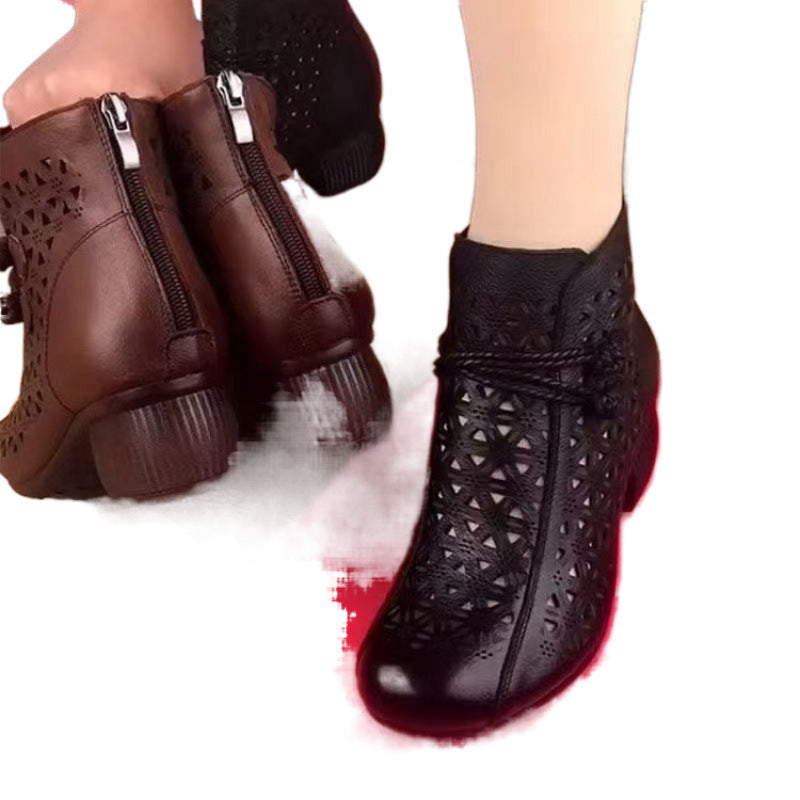 All-match Leather Mid-heel Comfortable Retro Closed Toe Chunky Heel Hollow Sandals