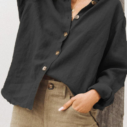 Womens Lapel Long Sleeve Cotton Linen Shirt