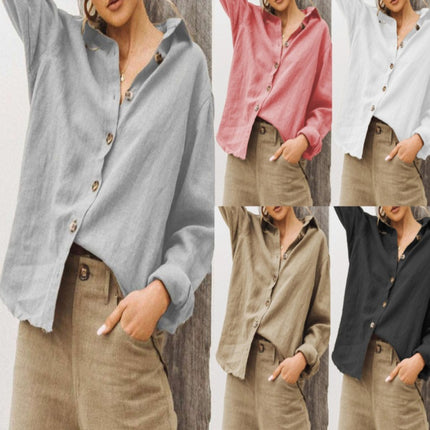 Womens Lapel Long Sleeve Cotton Linen Shirt