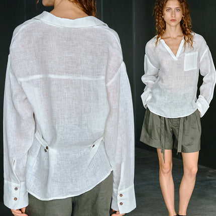 Women's Linen Lapel Shirt Long Sleeve Casual Top