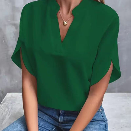 Women's Casual Solid Color V-Neck Loose Short Sleeve Blouse Summer Shirt Top
