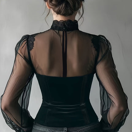 Elegant Mesh Patchwork Bell Sleeve Top