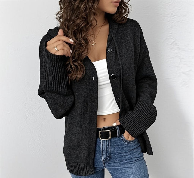 Womens Solid Color Hooded Drawstring Knit Cardigan Jacket