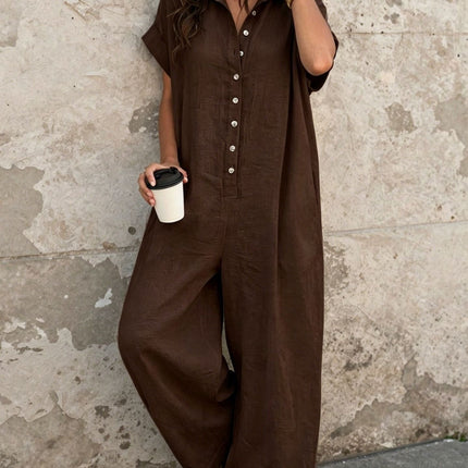 Short Sleeve Button Front Loose Fit Jumpsuit