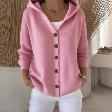 Women's buttoned knitted hooded cardigan