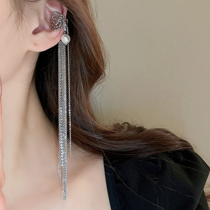 Zircon Star Moon Tassel Clip Earrings