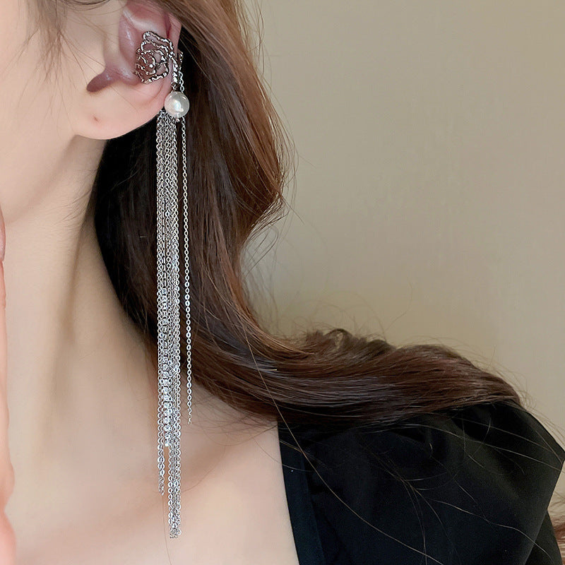 Zircon Star Moon Tassel Clip Earrings