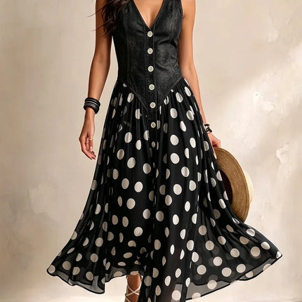 Women's Fashion Casual Printed Faux Denim Polka Dot Dress