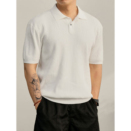 Summer Cooling Knitted Ribbed Texture Polo Shirt for Men with One Button Turn-down Collar