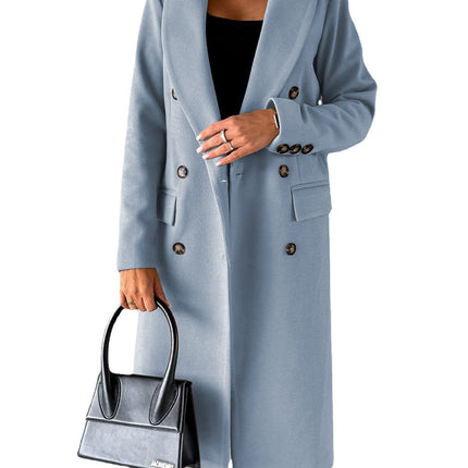Womens Double-Breasted Wool Blend Coat with Pockets