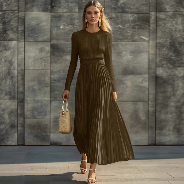 Elegant Casual And Comfortable Long-sleeve Satin Knit Pleated Maxi Dress
