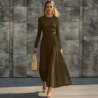 Elegant Casual And Comfortable Long-sleeve Satin Knit Pleated Maxi Dress