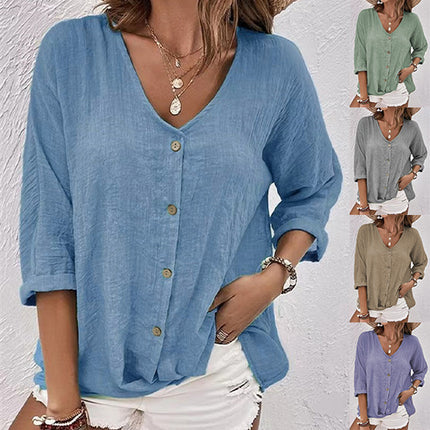 Womens V-Neck Loose Fit Short Sleeve Blouse
