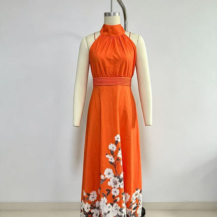 Sleeveless Tie Floral Print Elegant Maxi A-Line Dress