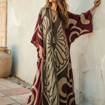 Printed V-neck five-button long dress