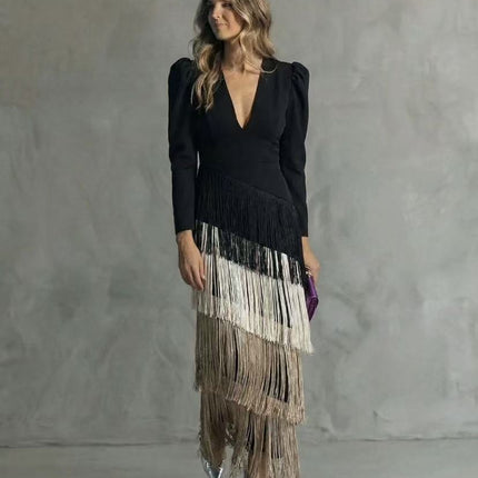 Deep V Neck Tassel Slim Long Dress