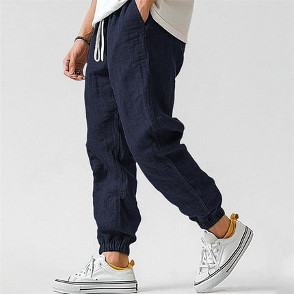 Men's cotton and linen casual plain color comfortable and breathable ankle-length pants