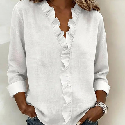 Womens Ruffled Long Sleeve Cotton Shirt