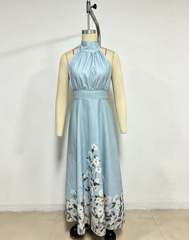 Sleeveless Tie Floral Print Elegant Maxi A-Line Dress