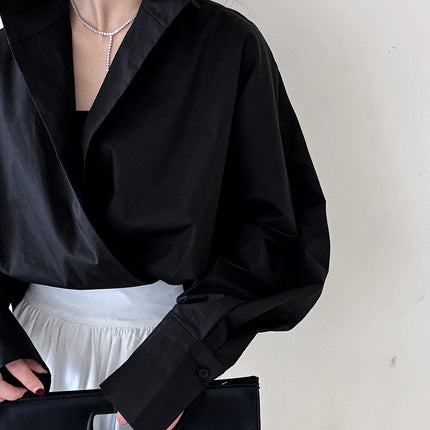 Layered Stand-up Collar Deep V-Neck Shirt