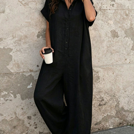 Short Sleeve Button Front Loose Fit Jumpsuit