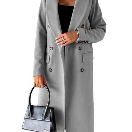 Womens Double-Breasted Wool Blend Coat with Pockets