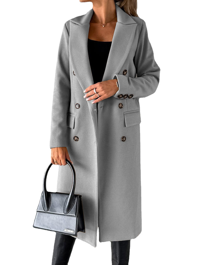 Womens Double-Breasted Wool Blend Coat with Pockets