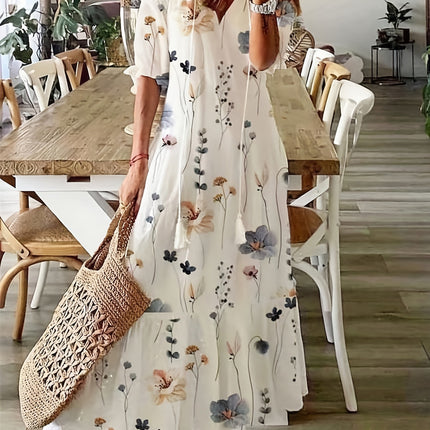 Womens V-Neck Printed Lantern Sleeve Dress