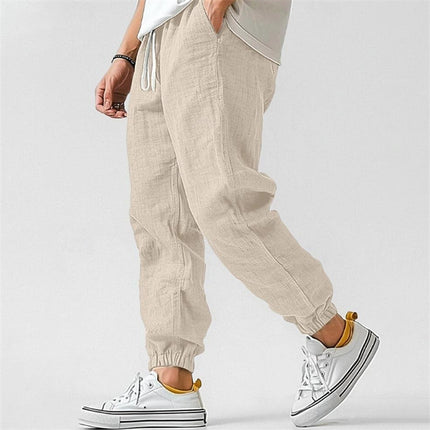 Men's cotton and linen casual plain color comfortable and breathable ankle-length pants