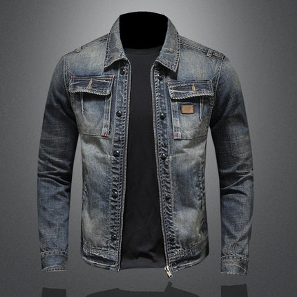 Vintage Washed Denim Jacket with Lapel Collar