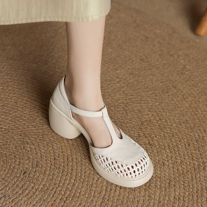 Round Head Thick Bottom Chunky Heel T-strap High Heels