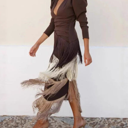 Deep V Neck Tassel Slim Long Dress