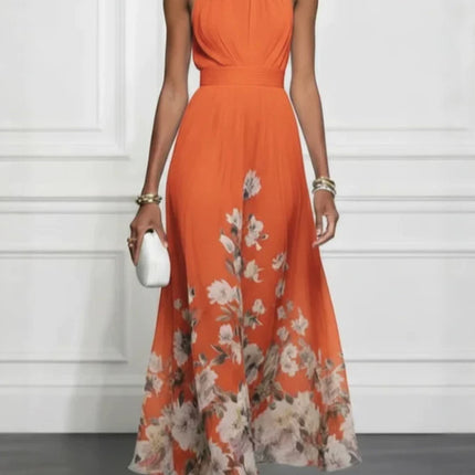 Sleeveless Tie Floral Print Elegant Maxi A-Line Dress