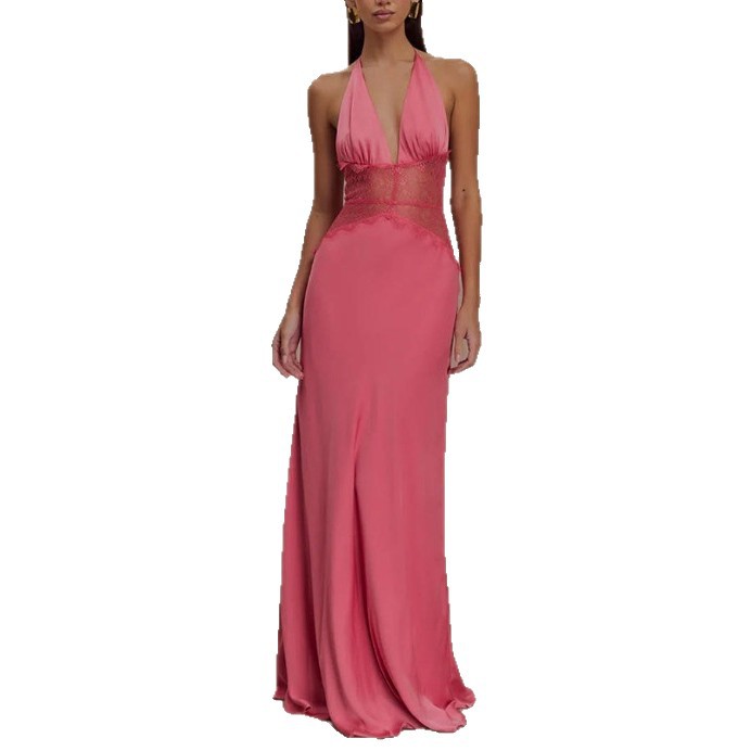 Seamless Halter Deep V-Slit Silk-Smooth Satin Maxi Dress