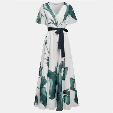 Womens V-Neck Digital Print Drawstring Dress