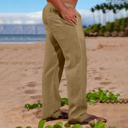 Mens Linen Cotton Drawstring Waist Casual Trousers