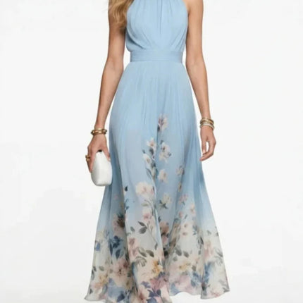 Sleeveless Tie Floral Print Elegant Maxi A-Line Dress