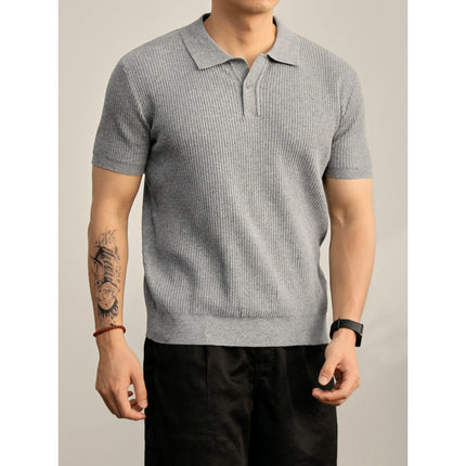 Summer Cooling Knitted Ribbed Texture Polo Shirt for Men with One Button Turn-down Collar