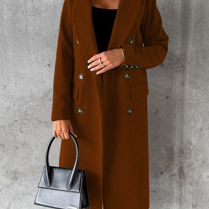 Womens Double-Breasted Wool Blend Coat with Pockets