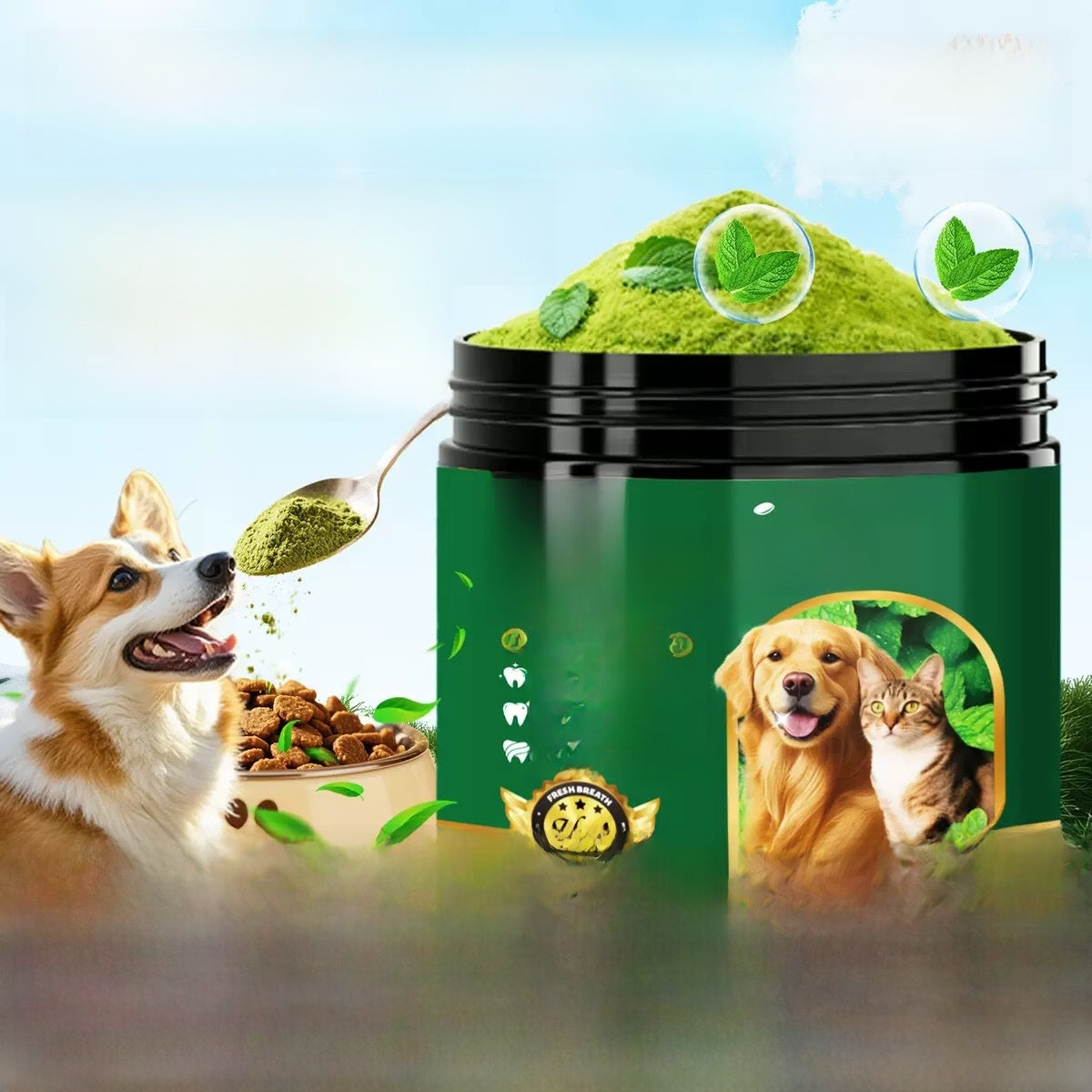Natural Dog Teeth Cleaning Powder with Green Tea and Probiotics
