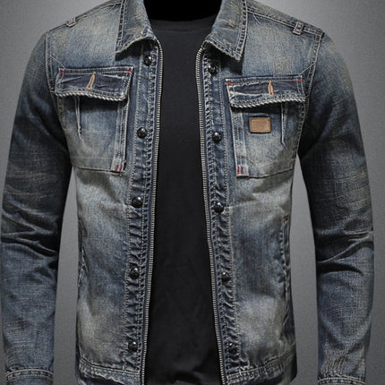 Vintage Washed Denim Jacket with Lapel Collar