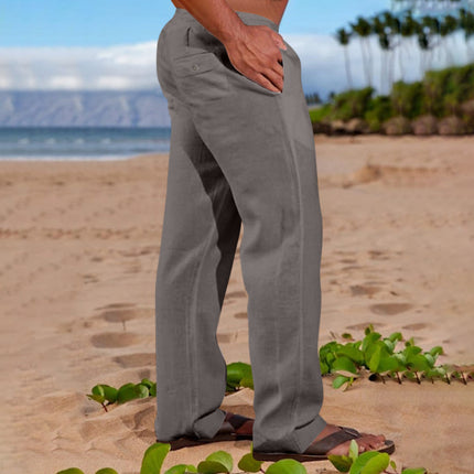 Mens Linen Cotton Drawstring Waist Casual Trousers